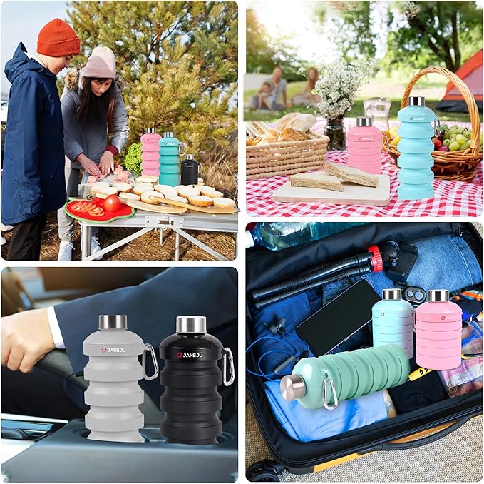 JaneJu Collapsible Water Bottle, 32oz BPA Free Silicone Reusable Portable Lightweight Foldable Water Bottles with Carabiner, Leak Proof Sports Water Bottle with Stainless Twist Cap (Black)