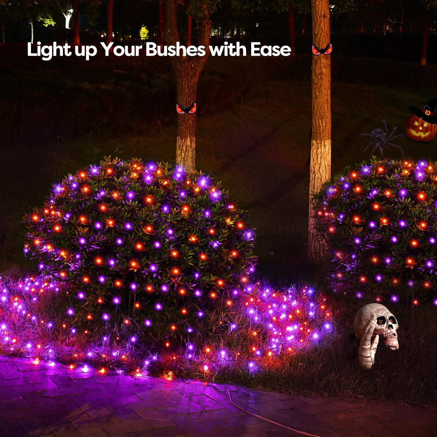 Wbao Halloween Lights Outdoor 200Led 8.4Ft X 5.2Ft Orange Purple Halloween Net Lights With 8 Modes Timer Connectable Waterproof & Dark Green Wire For Lawn Bushes Trees Outdoor Holiday Decor