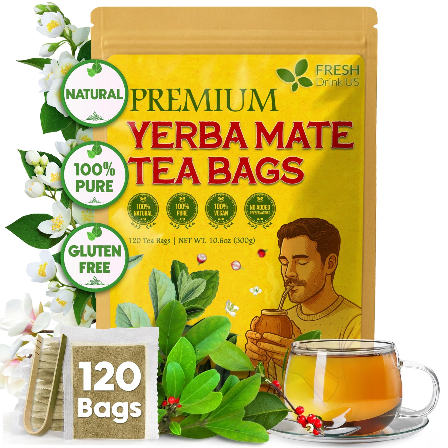 FreshDrinkUS Yerba Mate Tea Bags | 120 Tea Bags | Traditional South American Herbal Tea - Smooth & Refreshing Flavor - enhanced Quality Sustainably Sourced. Vegan.