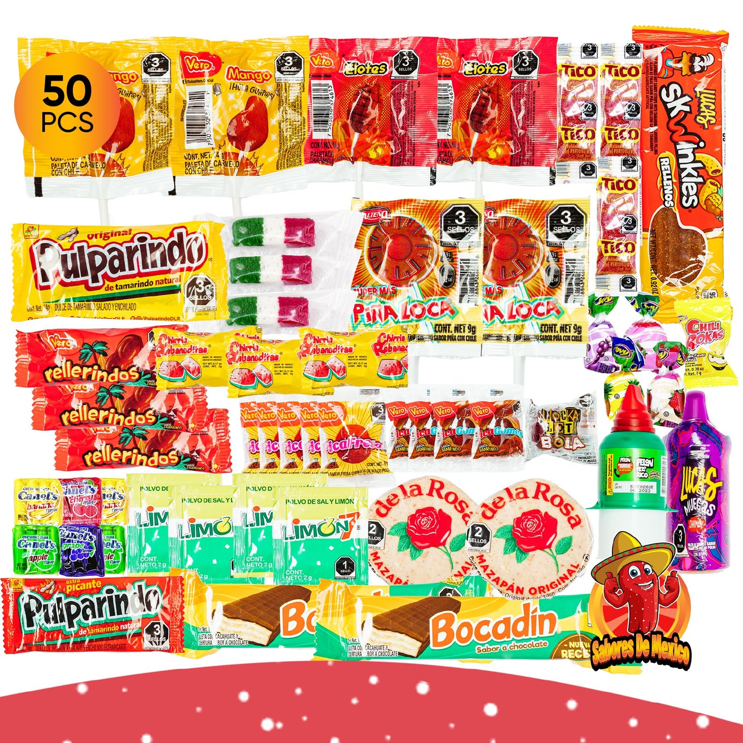 Sabores De Mexico Mexican Candy Variety Pack - 50 Count Dulces Mexicanos with Vero Lollipops, Lucas Candy, Pulparindo & More