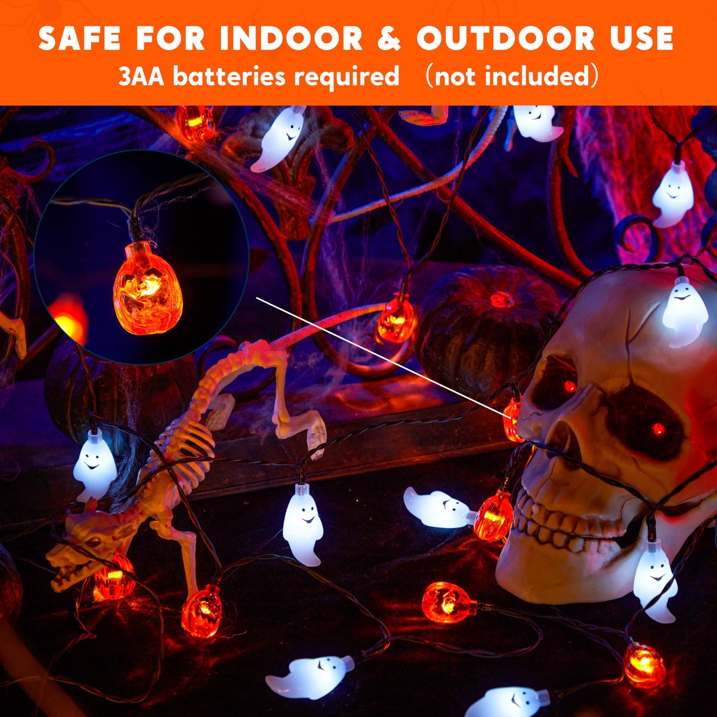 JOYIN Halloween String Lights, 30 LED Ghost Pumpkin, 19.7FT, 8 Lighting Modes, Battery Operated, Orange/White