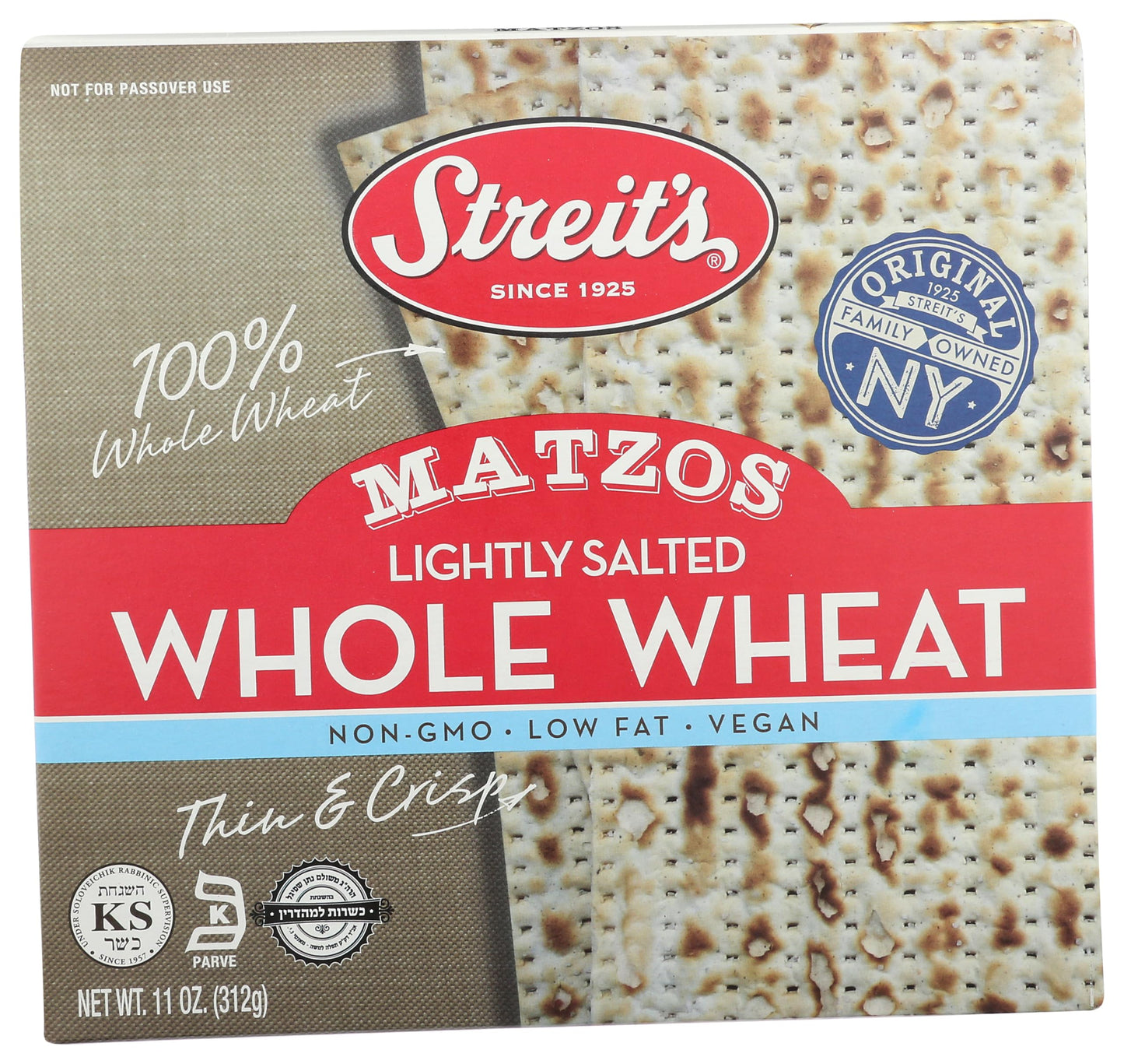 Streits MATZOS- Whole Wheat- LIGHTLY SALTED - Not For Passover - 11oz Box (Pack of 3)