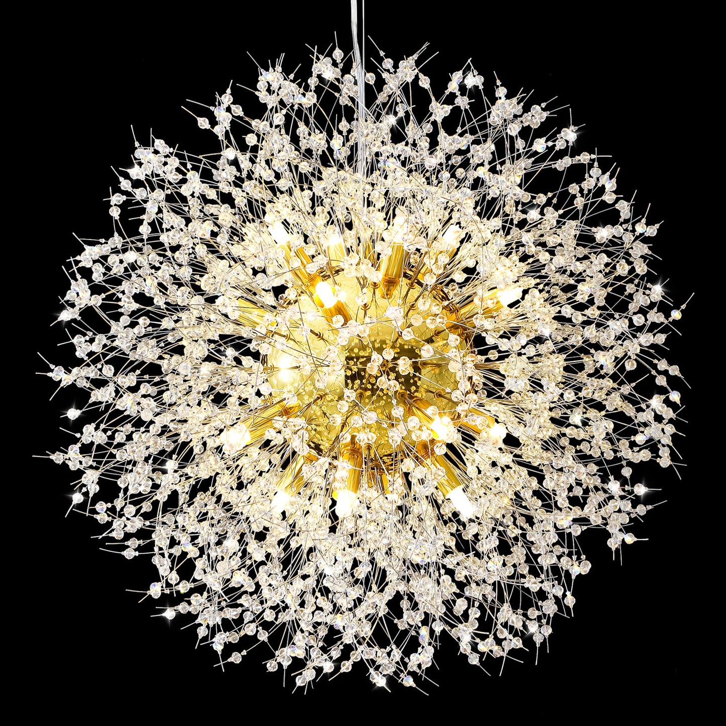 Qamra 16-Light Modern Crystal Gold Sputnik Chandelier, Firework Dandelion Pendant Light For Dining Room, Bedroom, Kitchen, Living Room