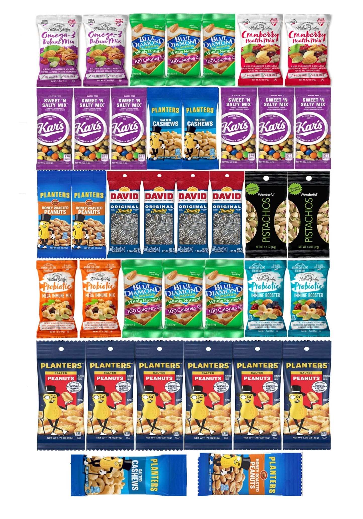 Nuts Individual Packs - Healthy Snacks for mature-themeds that includes Raw Almonds Pistachios in shell Sunflower seeds and Planters nuts - Trail Mix Individual Packs - Perfect hiking snacks and travel snacks. (38 PACK)