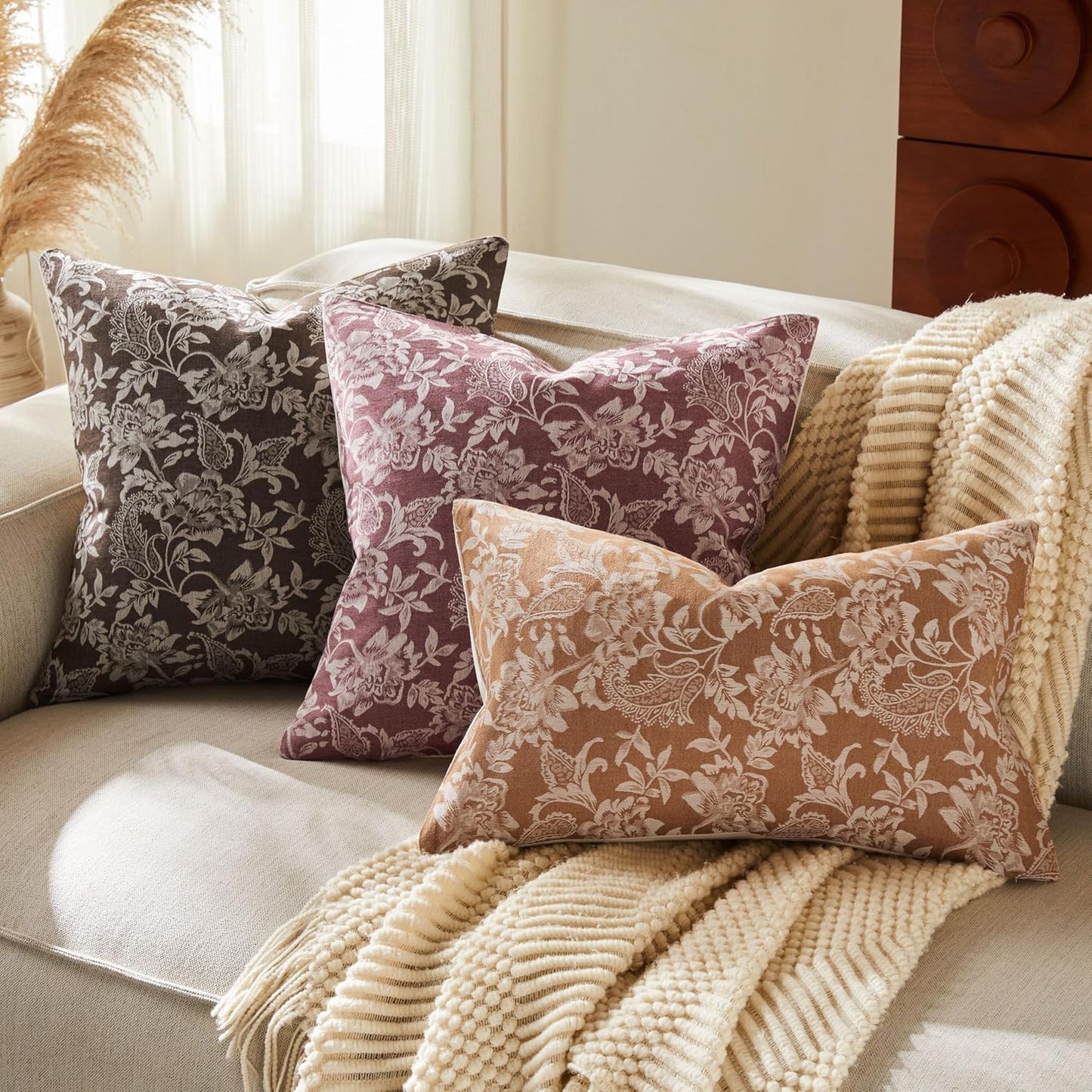 Floral Jacquard Lumbar Throw Pillow Covers Set of 2, Background/Chocolate 12x20 Inch, Farmhouse Decorative Cotton Dark Brown Cushion Covers for Sofa Bed Living Room Home Decor