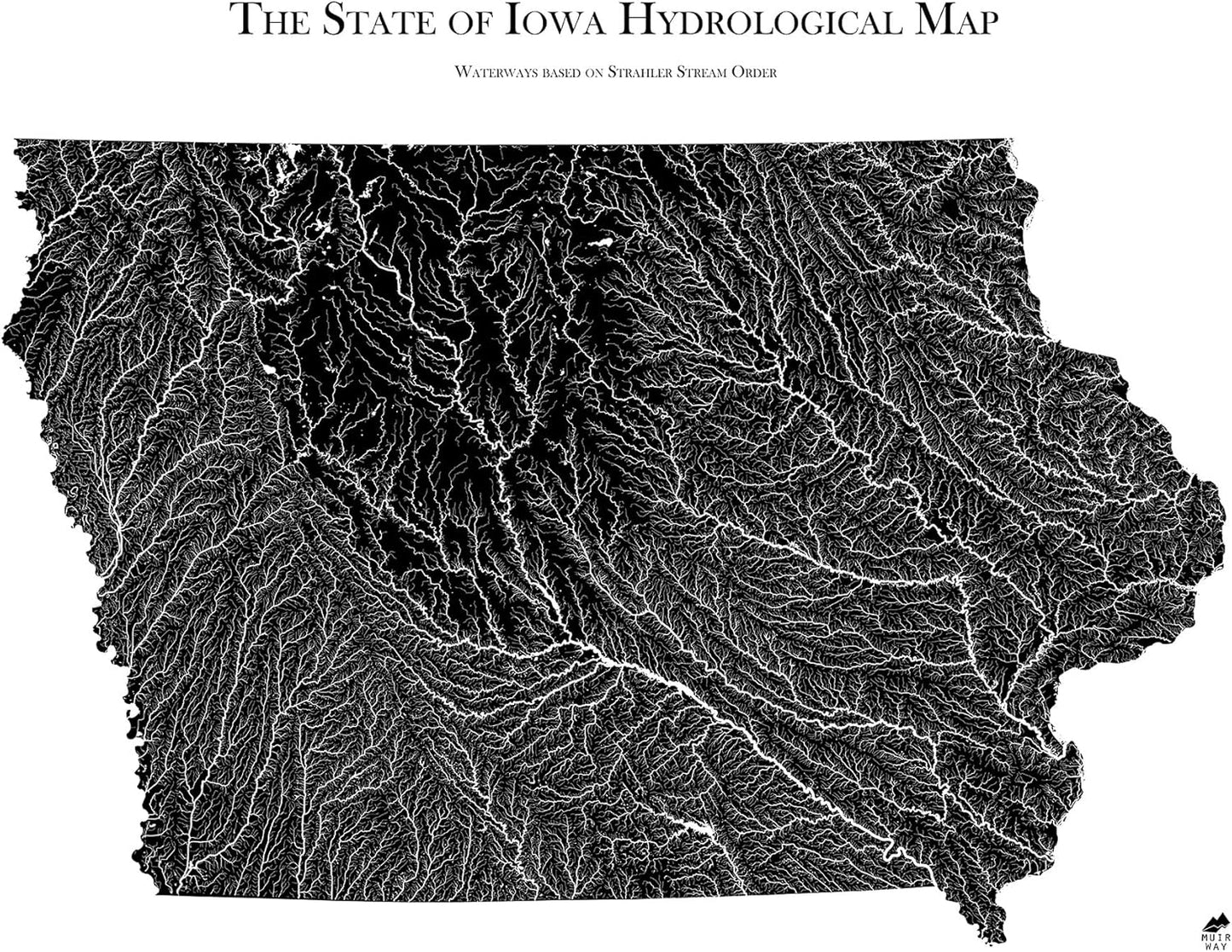 Muir Way Hydrological River Map of Iowa - Watershed Topographic Wall Art for Home, Office, or Travel Decor - Unframed Flat Paper Print, 18x24