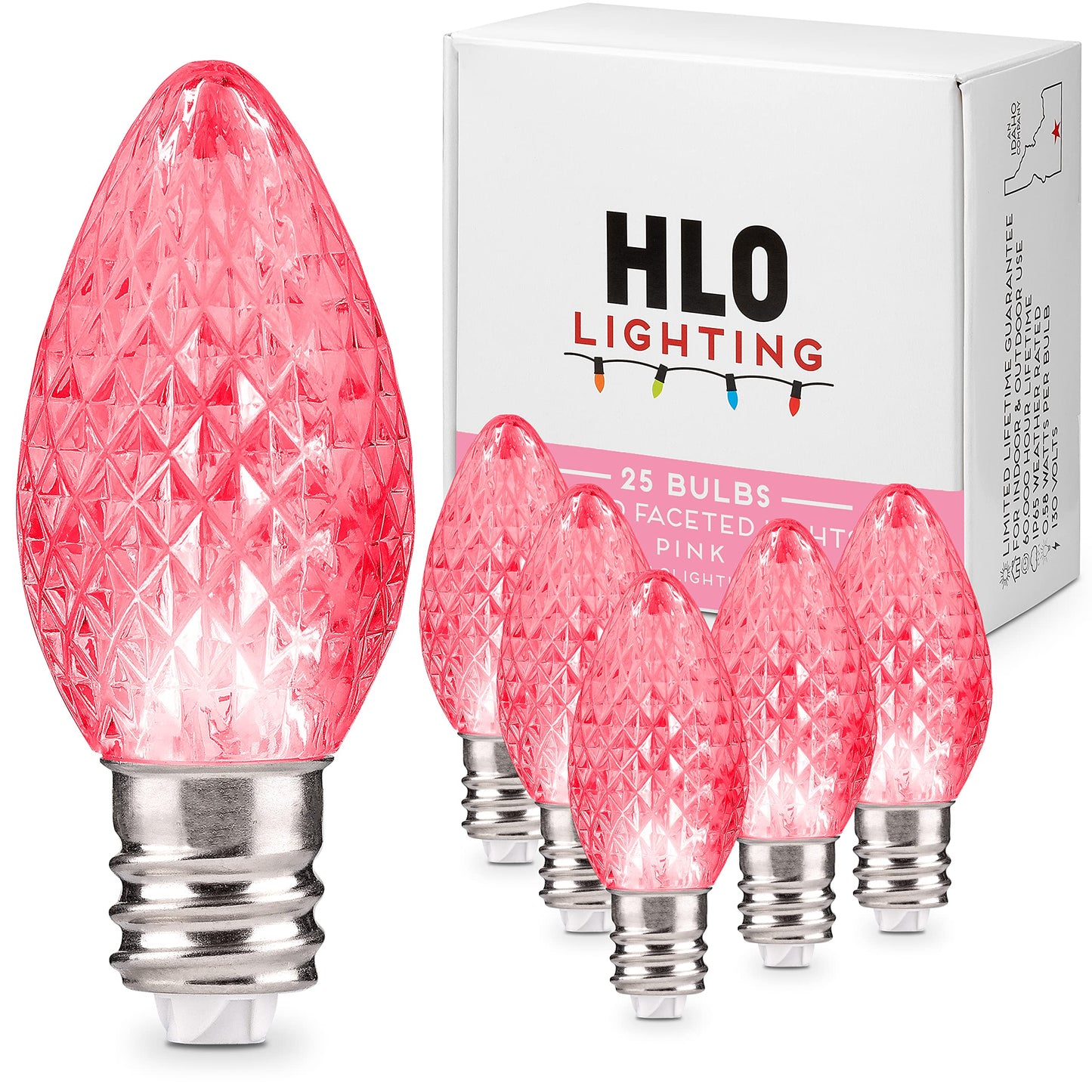 Holiday Lighting Outlet Faceted C7 Christmas Lights | Pink LED Light Bulbs Holiday Decoration | Warm Christmas Decor for Indoor