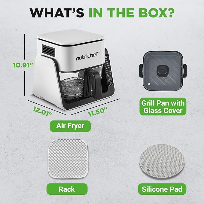 NutriChef 4 QT Air Fryer & Grill | 8-1 Preset Cook Modes | Transparent Fry Bowl for Best Cooking Results | Cook Shrimp, Steak, Fries, Wings & More | 4 QT Glass Air Fryer & 1.2 QT Grill | White