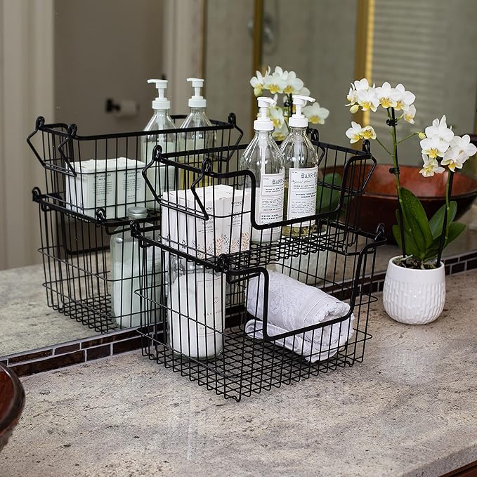 BIRDROCK HOME 3pc Stackable Wire Storage Bins - Fruit Vegetable Organizer - Modern Farmhouse - Pantry Cabinet - Metal Bin for Kitchen Countertop - Bathroom Storage - Black
