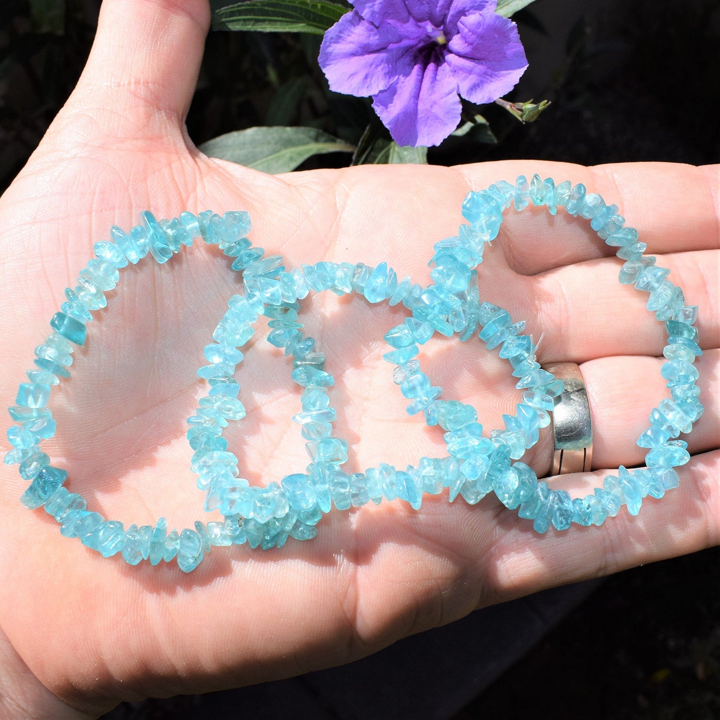 Zenergy Gems [1 CHARGED 7 Blue Apatite Crystal Chip Bracelet Tumble Polished Stretchy + Selenite Charging Crystal Included (STIM