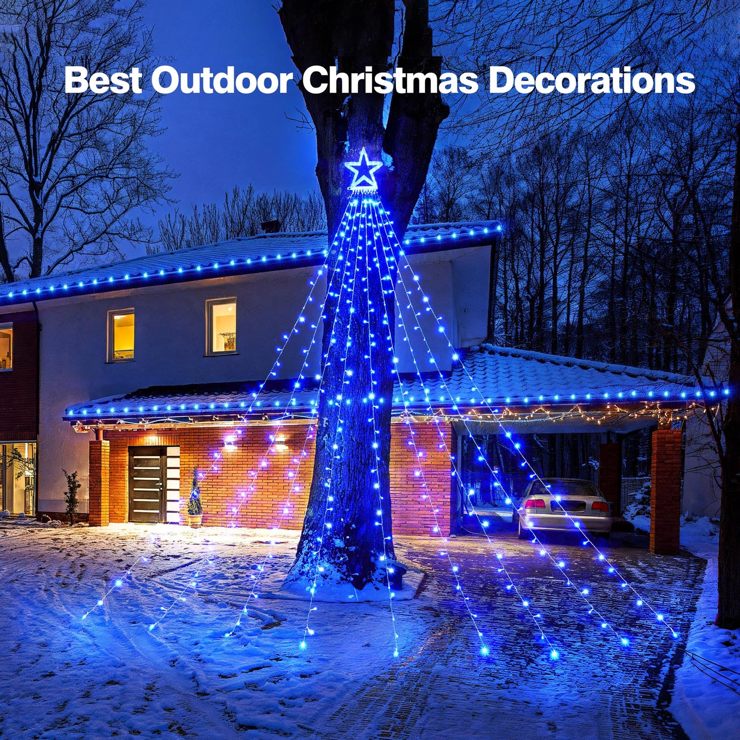 Blctec Outdoor Christmas Decorations 317 Leds Christmas Lights With 9 Strands 11.9Ft Waterfall Christmas Tree Lights 8 Modes Ul Certified Waterproof Topper Star & Timer For Yard Patio D?Or Blue
