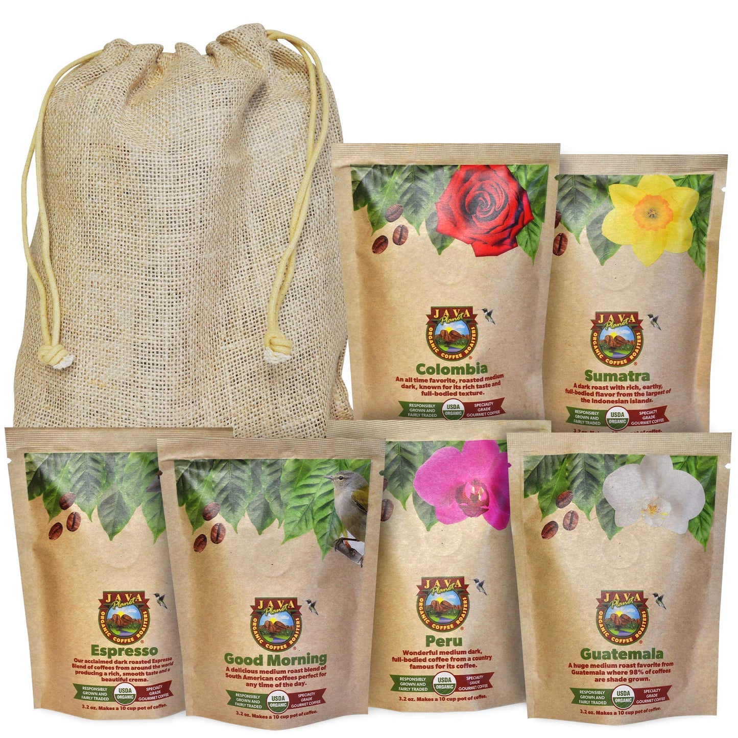 Sampler Variety Pack, Low Acid Organic Coffee Beans in Linen Gift Bag: Whole Bean, Mold-Free & Stomach Friendly, by Java Planet