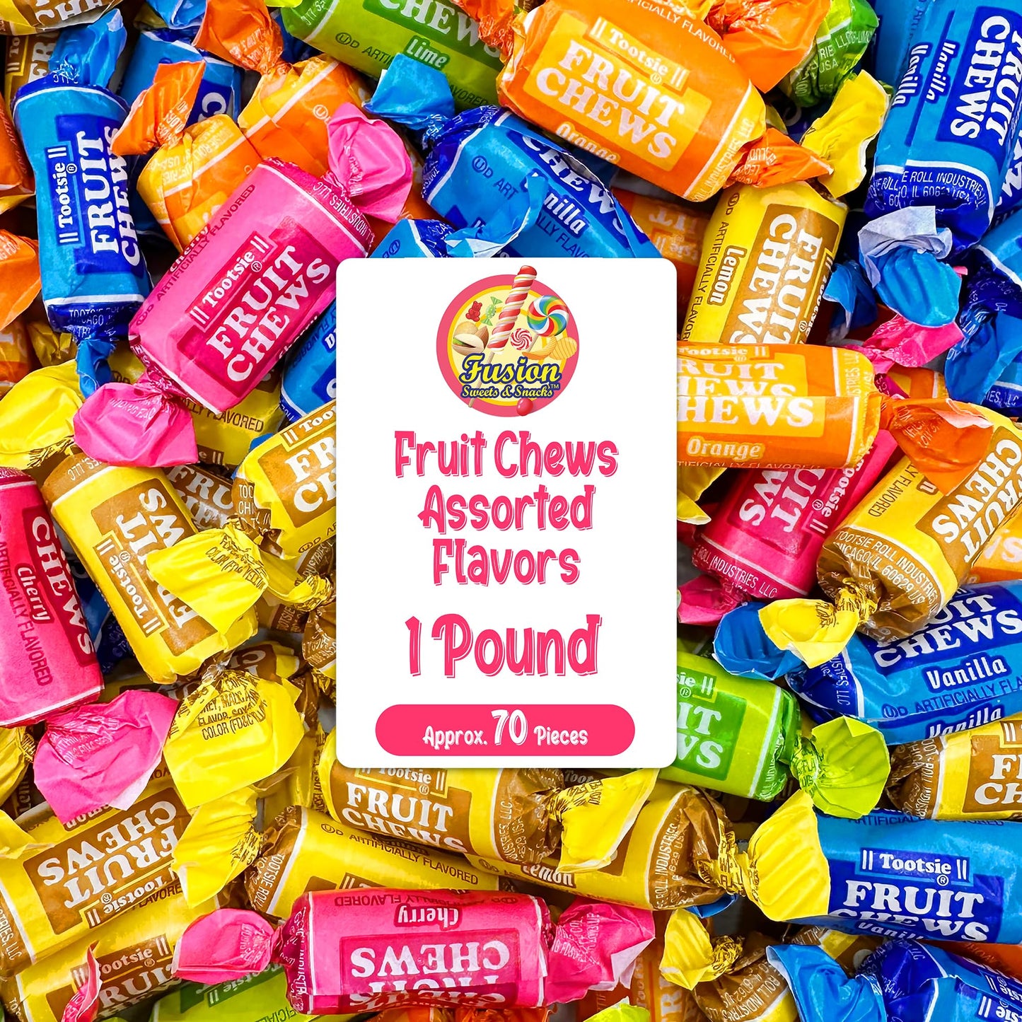 Fruit Chews Candy - 1 Pound Bulk Bag, Fruit Chews Rolls, 5 Assorted Flavors, Soft & Fruity Taffy Candy, Individually Wrapped Glu