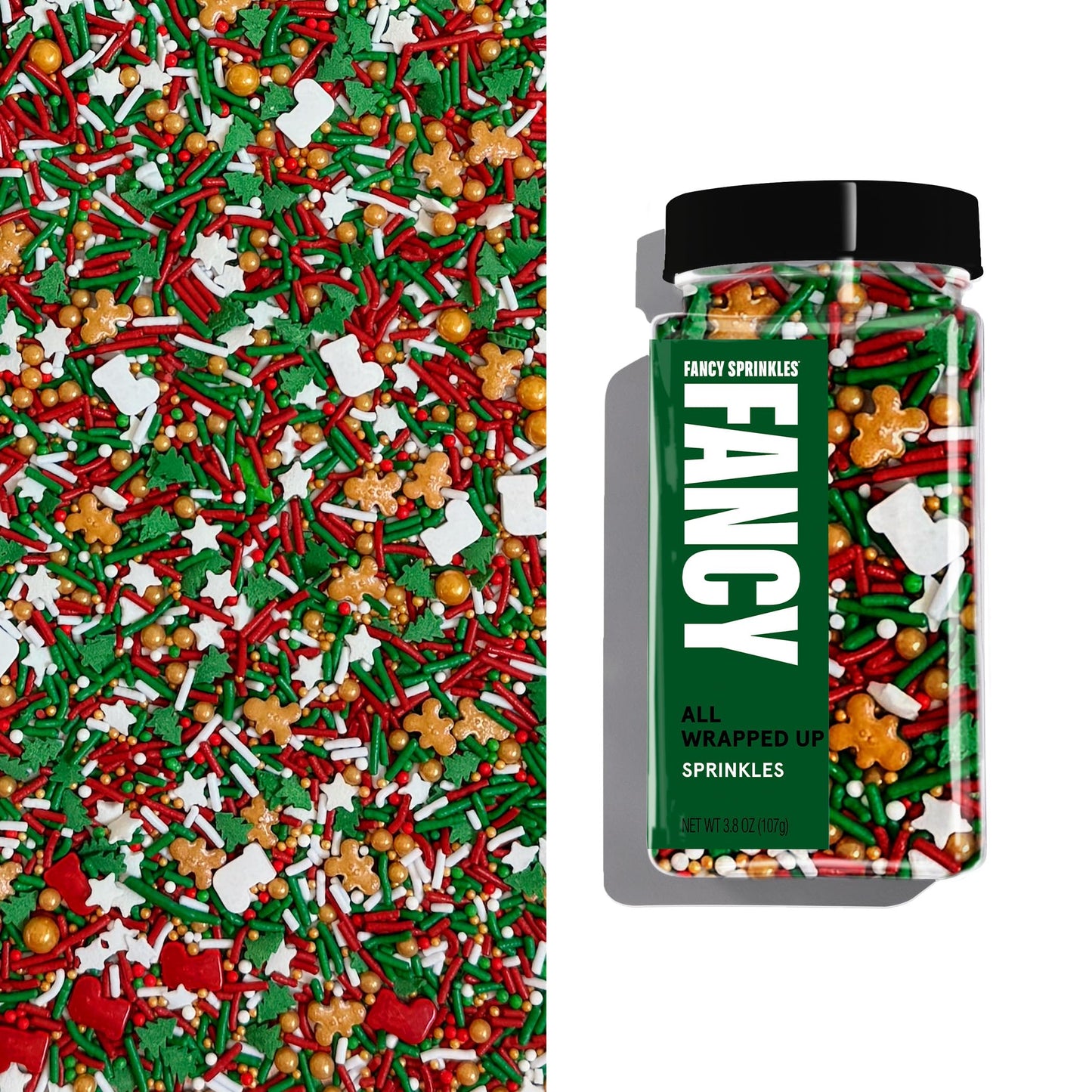 Fancy Sprinkles Limited Edition Holiday All Wrapped Up Red and Green Crunchy Sprinkles (Fancys signature inclusion) Christmas Tree Shapes White Stars Nonpareils Gingerbread Men and Stocking Shapes (0.5c)