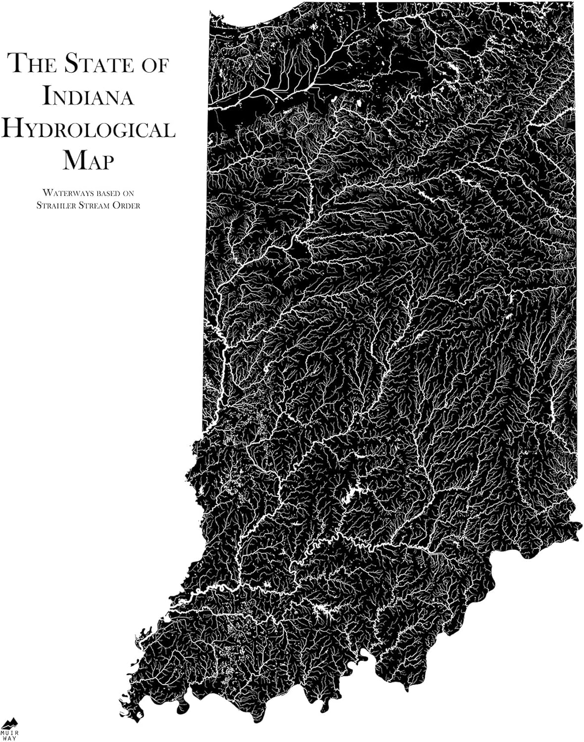 Muir Way Hydrological River Map of Indiana - Watershed Topographic Wall Art for Home, Office, or Travel Decor - Unframed Flat Paper Print, 18x24