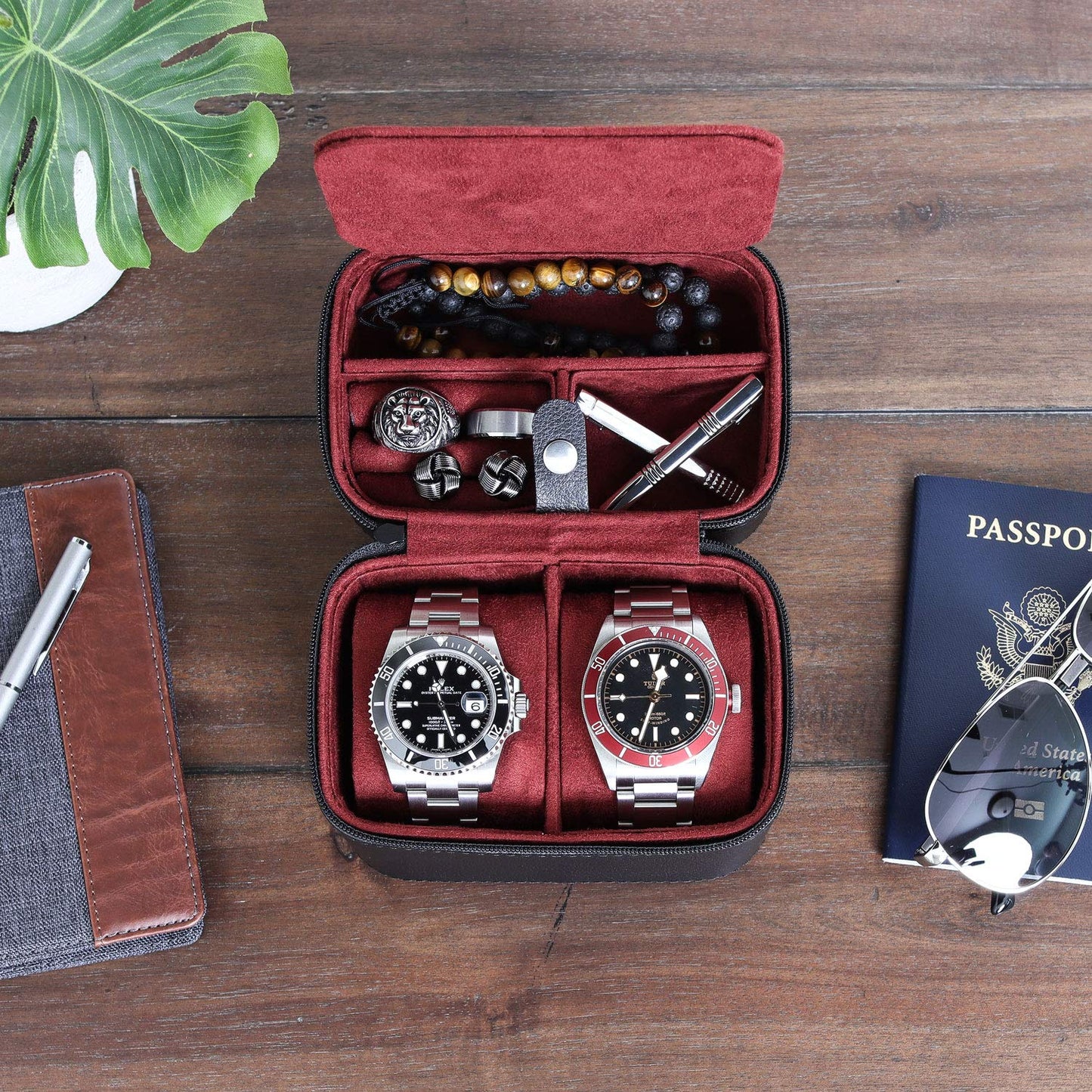 ROTHWELL 2 Watch Travel Case Storage Organizer for 2 Watches | Tough Portable Protection w/Zipper Fits All Wristwatches & Smart