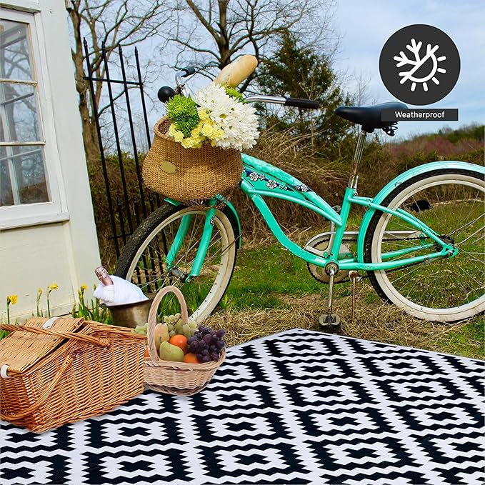 FH Home Outdoor Camping Rug - Waterproof, Fade Resistant, Reversible - Premium Recycled Plastic - Geometric - Large Patio, Deck, Sunroom, RV - Aztec - Black & White - 9 x 12 ft Foldable