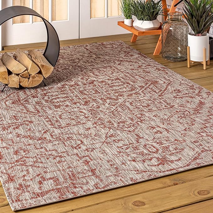 JONATHAN Y SMB105A-8 Estrella Bohemian Medallion Textured Weave Red/Taupe 8 ft. x 10 ft. Indoor/Outdoor Area Rug Coastal, Traditional, Transitional, Perfect for Backyard, Patio, Porch