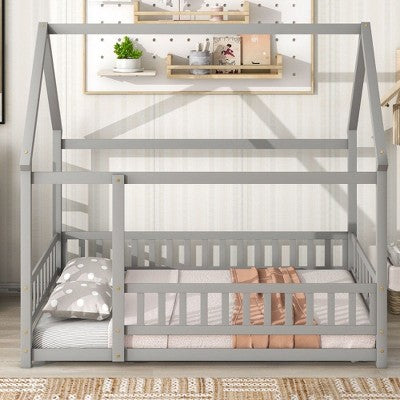 CAVINAS Full Size Kids Toddler Bed with Wood Roof Frame,Floor Bed with Fence Design,Montessori Bed for Bedroom Playroom,Gray