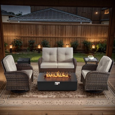 Belord Patio Furniture Sets with Fire Pit, Brown Wicker Patio Furniture with Glider Loveseat, Patio Swivel Glider Chair, Propane Firepit Table