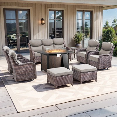 Gymojoy 8 Pieces/9 Pieces Outdoor Fire Pit Table w/ Patio 6in Sofa Swivel Chairs Table Ottoman Set