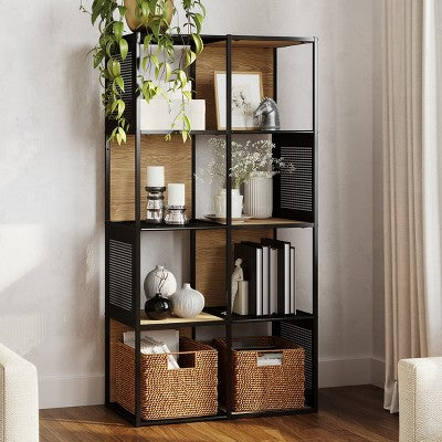 Hastings Home Industrial-Style Cube Storage Organizer, Wood and Metal Bookcase Freestanding Bookshelf for the Home or Office, Oak and Black