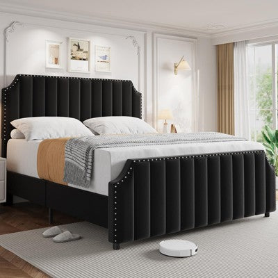 Velvet Vertical Channel Tufted 50.2" Tall Headboard and Footboard with Nailhead Trim, Upholstered Platform Bed,No Box Spring Needed, Easy Assembly