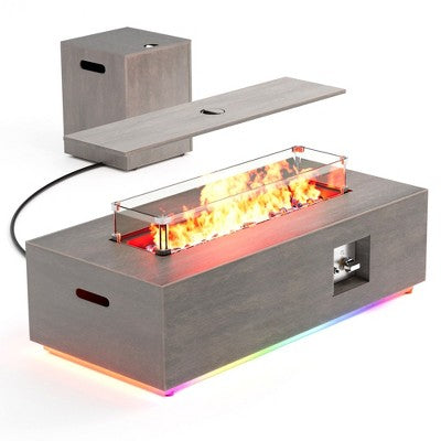 Evita 50,000 BTU Outdoor Fire Pit Table with LED Light, Propane Tank, Windshield, Glass Stone and Rain Cover-42*20*12 Inch, Brown