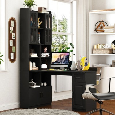 PAGED Home Office Computer Desk with Hutch, Writing Table with 2-tier Open Shelf and 3 Large Drawer