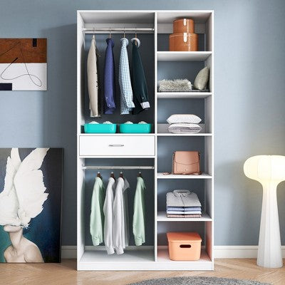 Gulches Freestanding Closet System, Stand-Alone Wardrobe with 6 open Shelves,74.8'' Heigh Closetwith 1 Wood Drawers