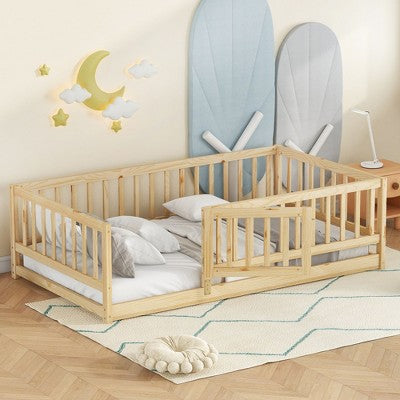 Sapphtopaz Kids Montessori Bed with Fence and Door, Floor Bed with Fence,Twin Size Toddler Bed for Bedroom Playroom