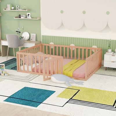 Okak Solid Wood Floor Bed Twin/Full/Queen Size,Low-Profile Bed Frame with Heightened Fence and Door, Kids Playroom Bed