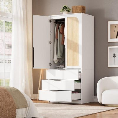 Jojoka Armoire Wardrobe Closet, 69.5" Wooden Wardrobe Cabinet with 3 Drawers, Hanging Rod, 2 Doors Clothing Storage