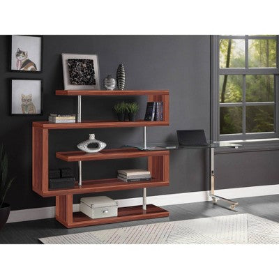 Glass & Synthetic Wood Modern L-Shaped Writing Desk with 4 Open Shelves and 360¡ã Swivel Function