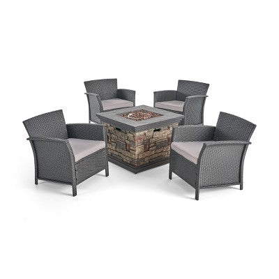 Christopher Knight Home Ellyanna Outdoor Wicker 5 Piece Club Chair and Fire Pit Set with Cushion