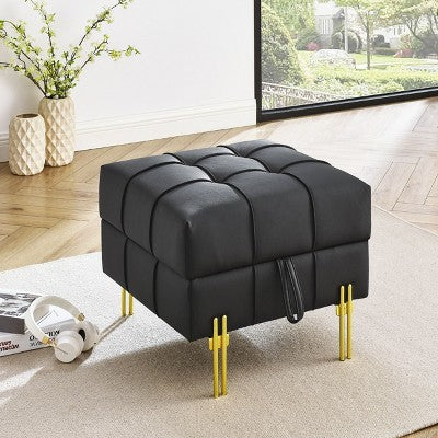 Kumasinova 22.1"Anti-Scratch Leather Storage Ottoman for Living Room,Tufted Footstool Ottoman with Golden Stainless Steel Legs,Accent Ottoman