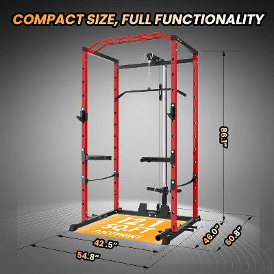 ODK Power Cage with LAT Pulldown, Multi-Functional Power Rack with Cable Pulley System, Squat Rack with Dip Bars, Weight Cage for Home Gym Equipment