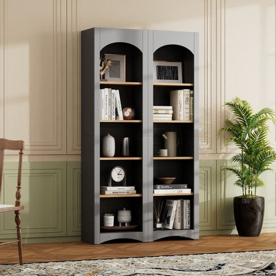 Okak Modern Bookshelf, Storage Shelves with 8 Adjustable Shelves, Freestanding Storage Organizer Set of 2 for Living Room, Office