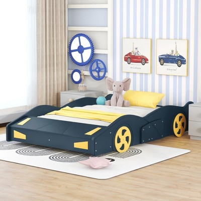 TUYOHW Car-Shaped Platform Bed with Wheels & Storage,Twin/Full Montessori Bed Frame with Slats,Stylish Low Profile Bed,400lbs Capacity