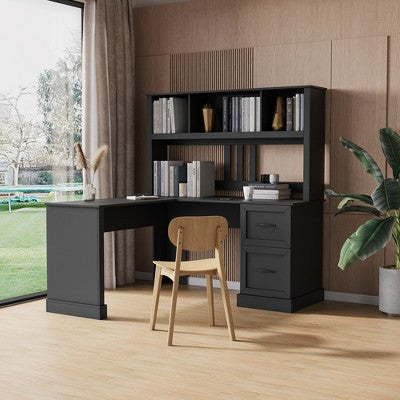 Home Office Computer Desk with Hutch, MDF Desk with 2 Drawers and 2-Tier Shelves