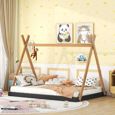 TUYOHW Full Size Toddler Floor Bed for Kids,Modern Wood Montessori Bed with Safety Guardrails and Door for Bedroom