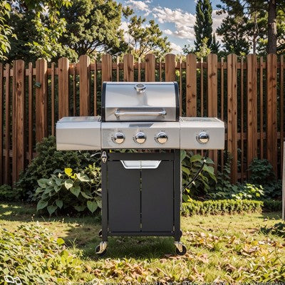 4-Burner Gas Grill with Stainless Steel Lid & Cabinet, Built-In Thermometer, Electronic Ignition, Precise Heat Control for Patio and Backyard Cooking