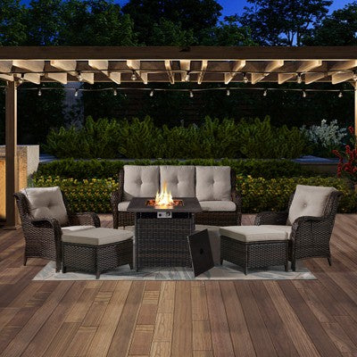 POCASSY 6PCS Patio Furniture Set with Square Fire Pit Table, All Weather Wicker Outdoor Conversation Set with Sofa, Patio Chairs, Firepit and Ottoman
