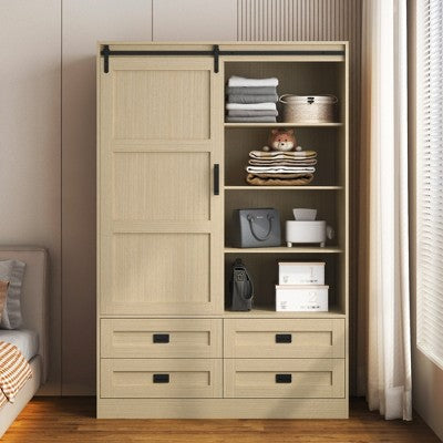 ORRD Tall Bedroom Armoire Wardrobe Closet Clothing Storage Cabinet with Hanging Rod Barn Door Drawers Open Shelves