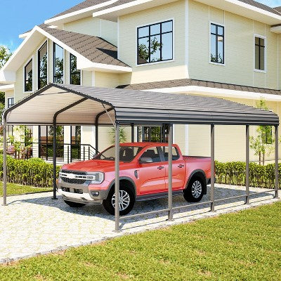 Heynemo 12x20 FT Metal Carport, Heavy Duty Carport Canopy with Galvanized Steel Roof and Frame, Outdoor Storage Car Port with Enhanced Base, Grey