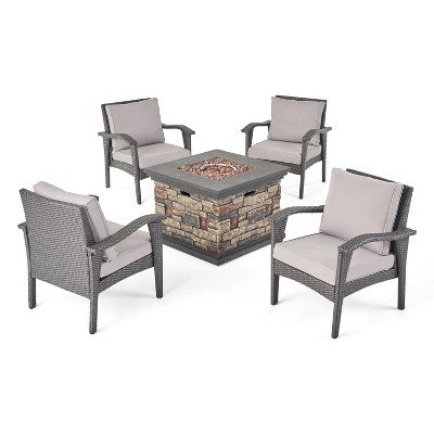 GDFStudio Barstow Outdoor Wicker 5 Piece Club Chair and Fire Pit Set with Cushions
