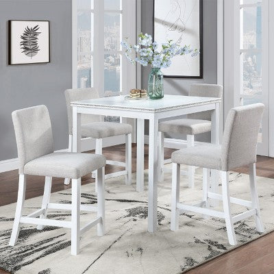 Lyngins 5-Piece Counter Height Dining Table Set – Crystal-Embellished Wooden Square Table & 4 Upholstered Chairs, Faux Wood Grain for Dining Room