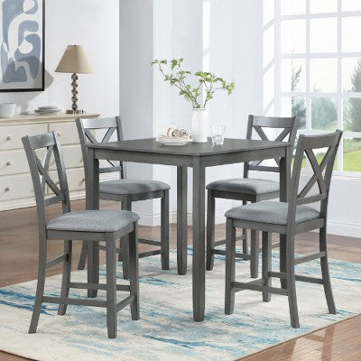 Lyngins 5-Piece Counter Height Dining Table Set – Square Table & 4 Upholstered Armless Chairs, X-shaped Backrest, Wooden Kitchen Table Set for 4