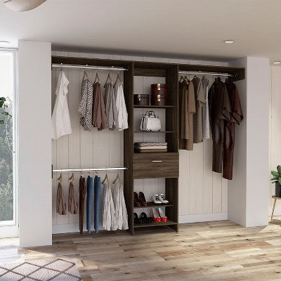 Gulches Cross Closet System, One Drawer, Three Metal Rod, Five Open Shelves