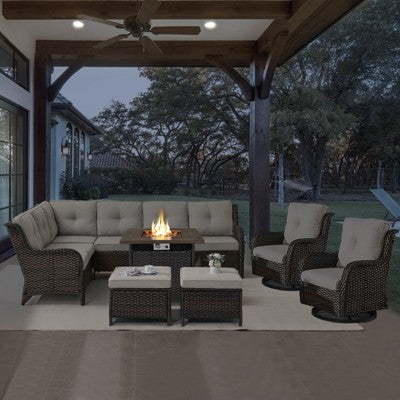 POCASSY 7-Piece Outdoor Furniture Set with Propane Fire Pit Table, Outdoor Living Set with All-Weather Brown Wicker Sectional Sofa and Swivel Chair